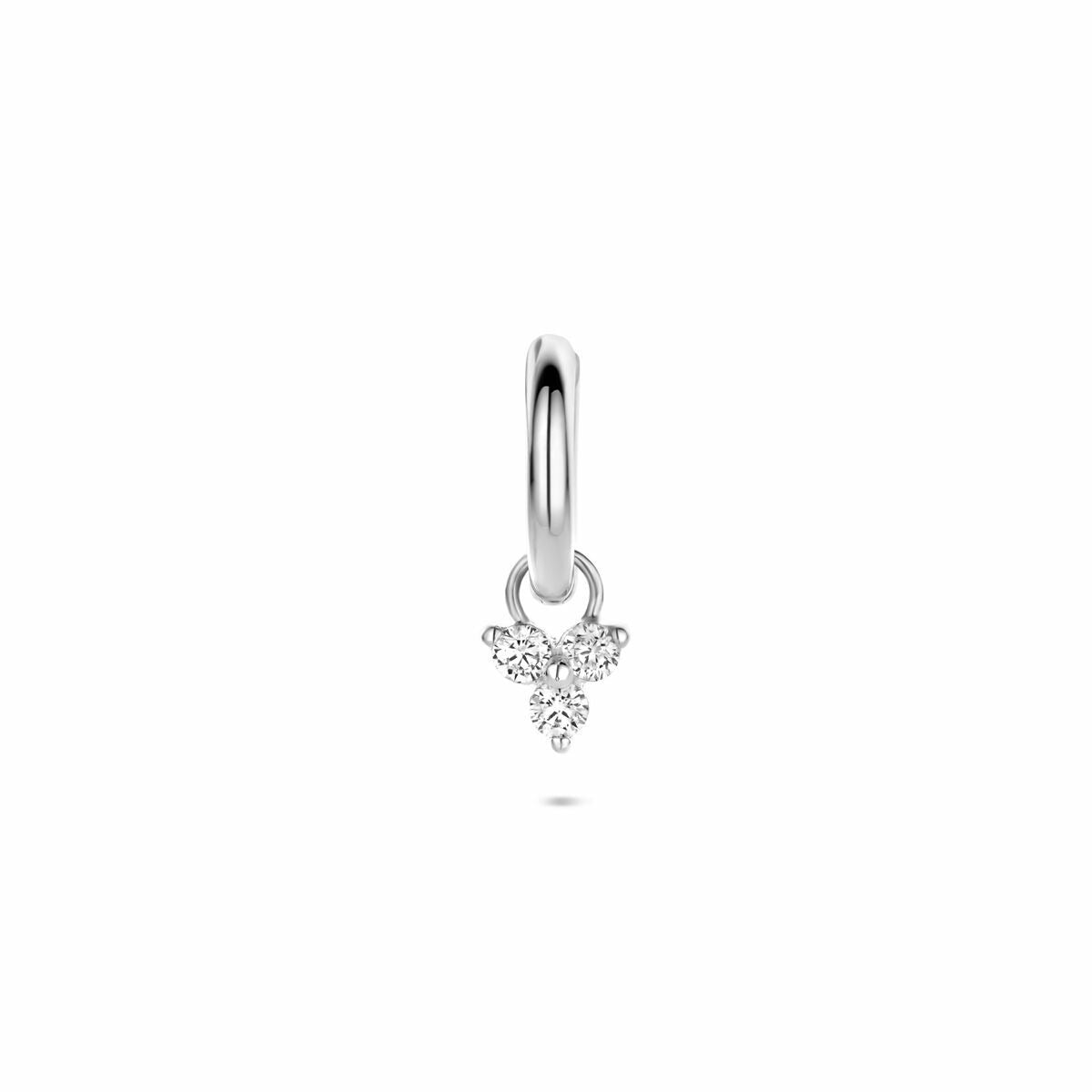 Gerhodineerde zilveren oorring met een hangend zirkonia-detail in de vorm van een bloem.