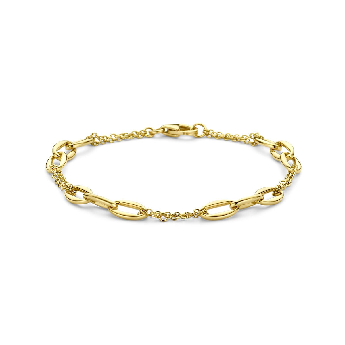 Geelgouden schakelarmband met ankerdesign en een combinatie van platte en ronde schakels.