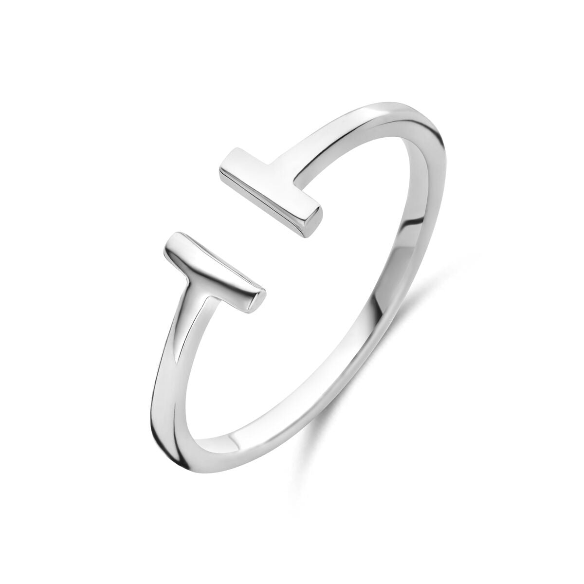 Gerhodineerde zilveren ring met een minimalistisch ontwerp en een open, rechte vorm.
