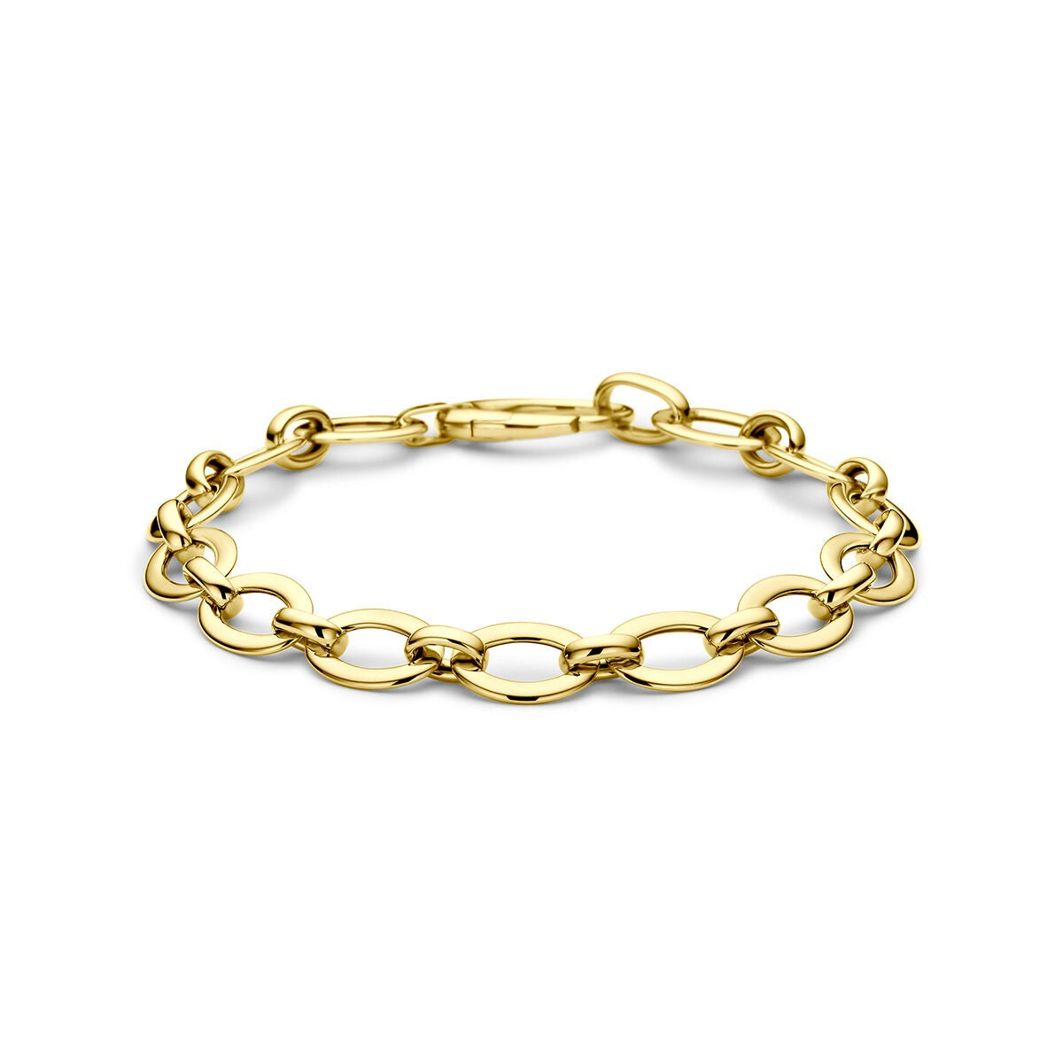Geelgouden ankerarmband met schakels in een ronde vorm en een sluiting.