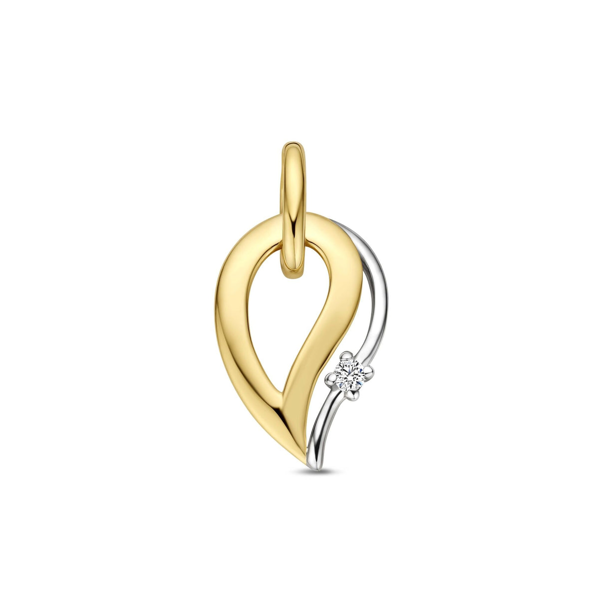 Geelgouden hanger in de vorm van een druppel met een witte gouden lijn en een diamant.