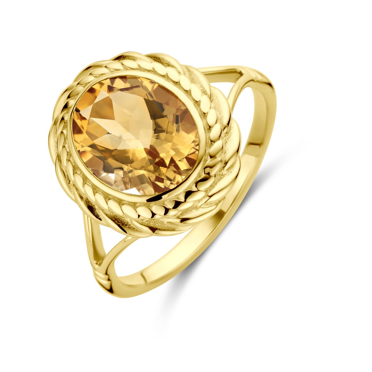 Gouden ring van 14k met een grote citrien in briolette slijpvorm, omringd door een gevlochten band.