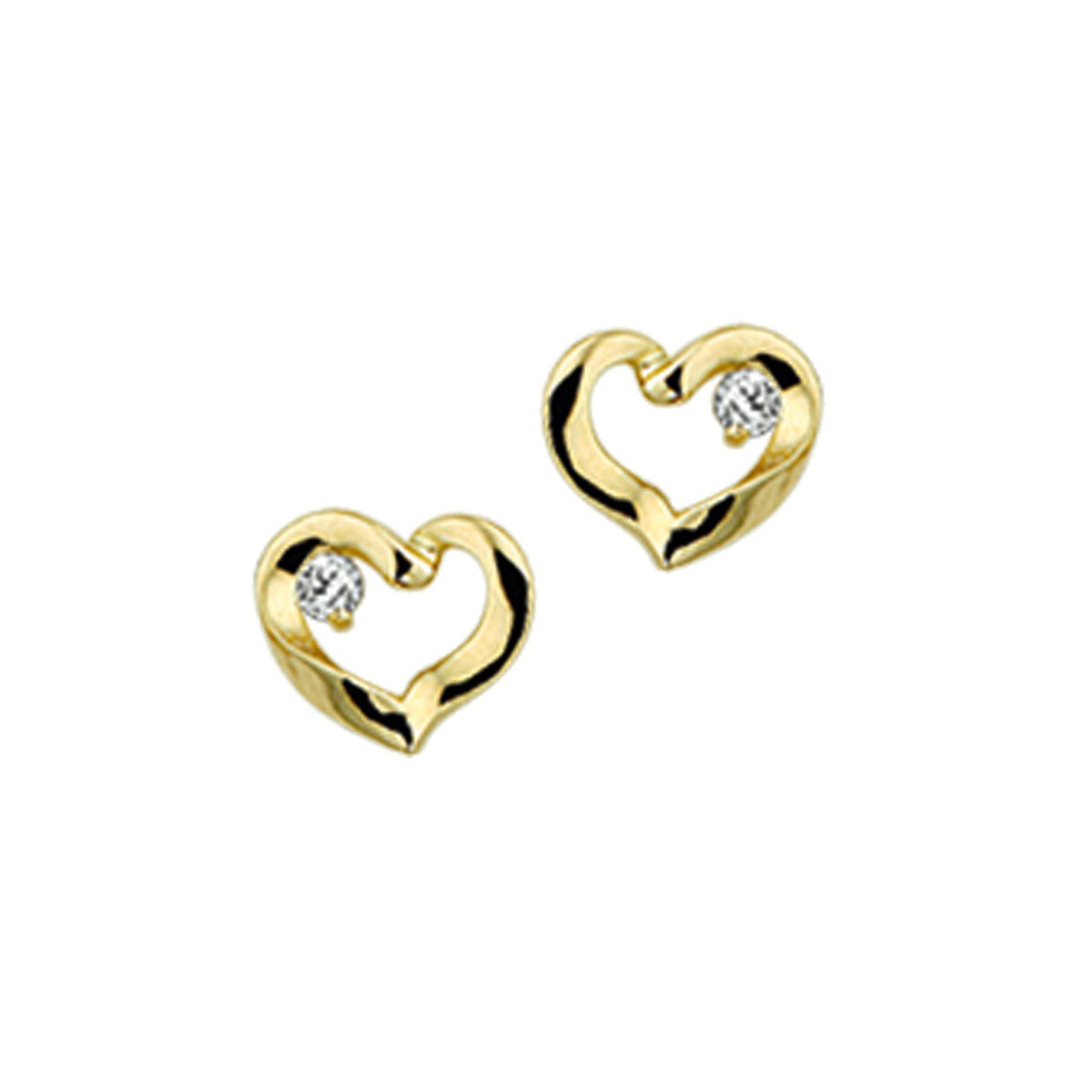Gouden hart oorknoppen met een zirkonia-steentje, uitgevoerd in 14k goud.