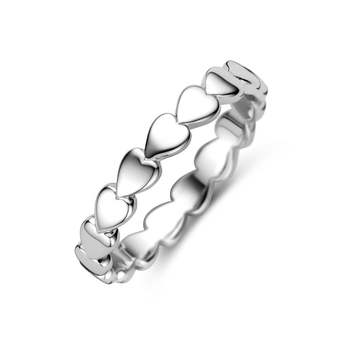 Zilveren damesring van gerhodineerd 925 zilver met een rij hartjes.
