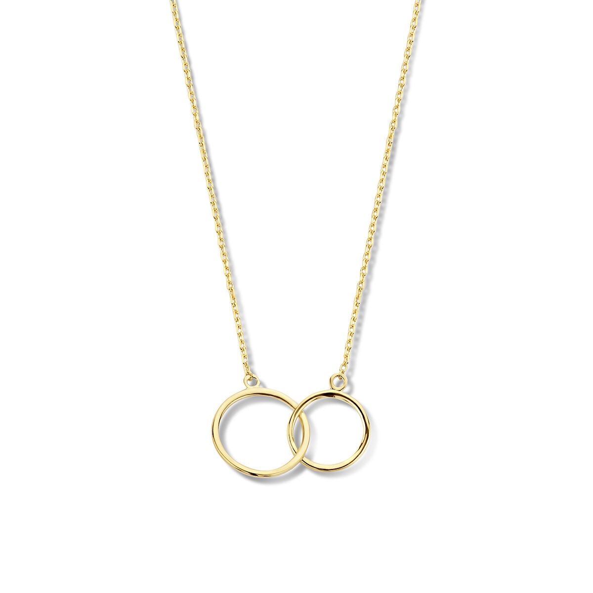 9K geelkleurig collier met twee ringen, verstelbaar van 40 tot 44 cm.