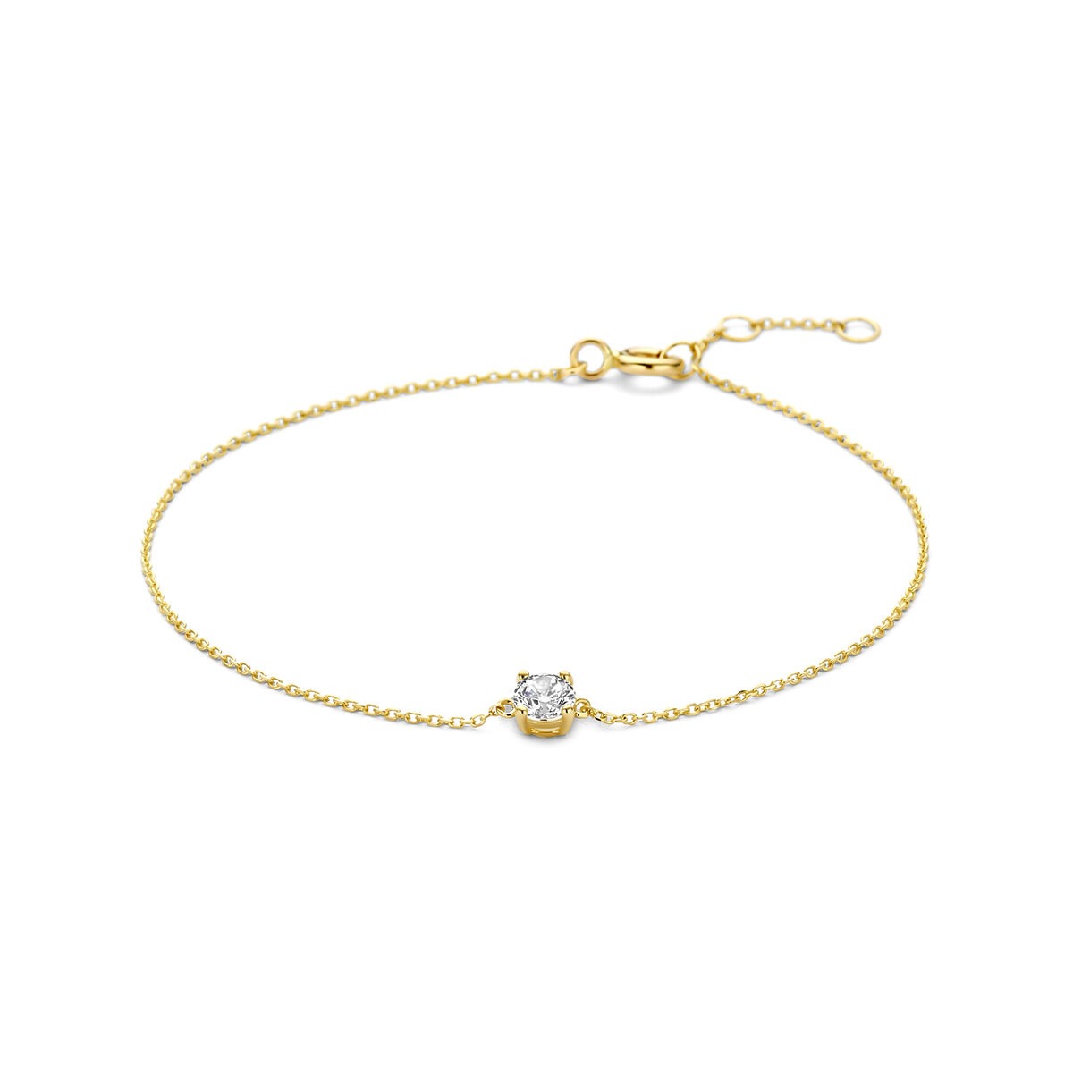 Gele 9k armband met zirkonia, fijn schakeltje en een centrale steen.