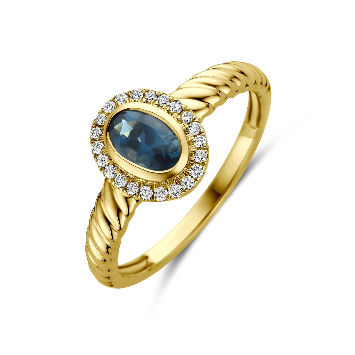 Geelgouden ring met een ovale London blue topaas omringd door lab grown diamanten en een gedraaide band.