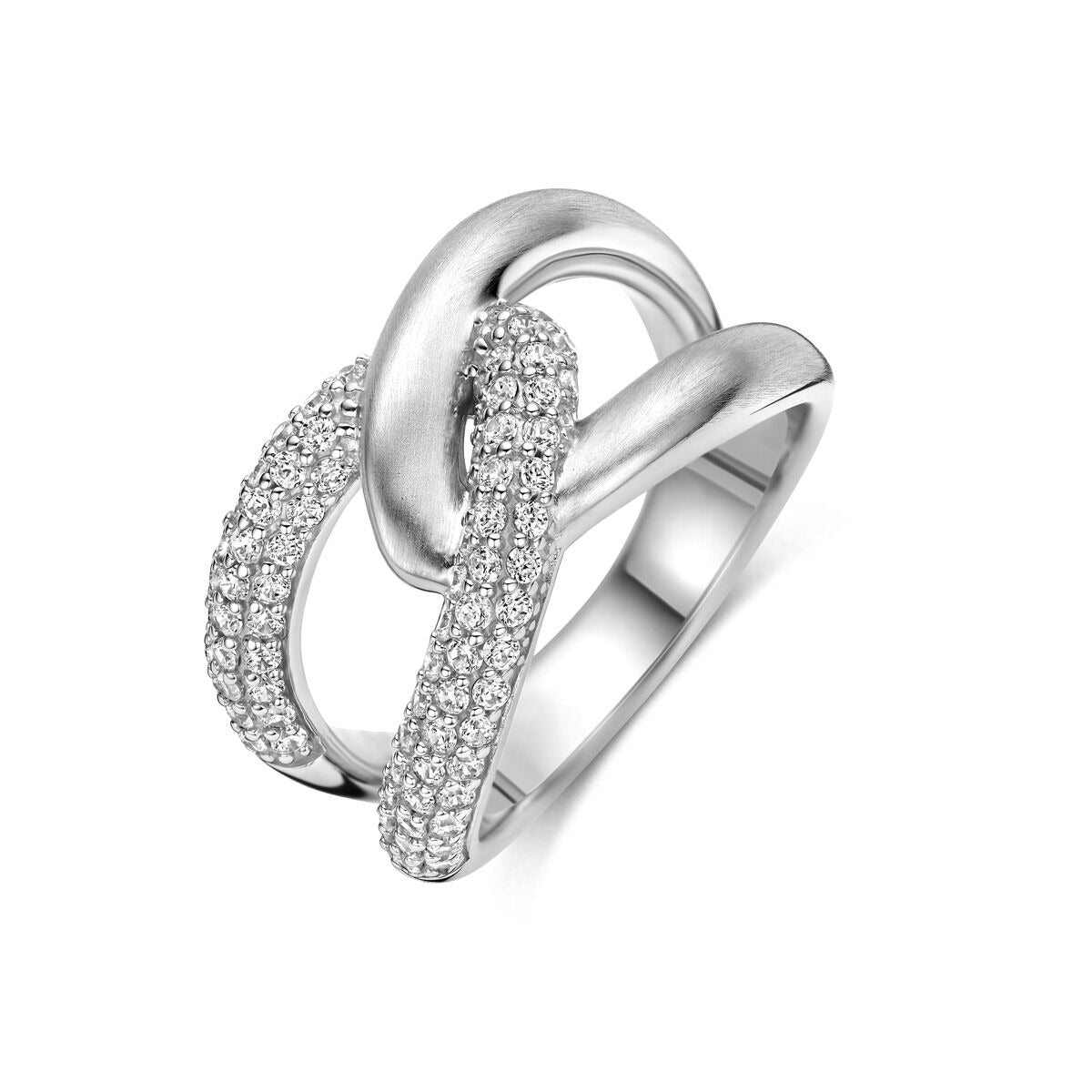 Gerhodineerde 925 zilveren ring met een dubbel ontwerp en pavé bezetting van zirkonia.