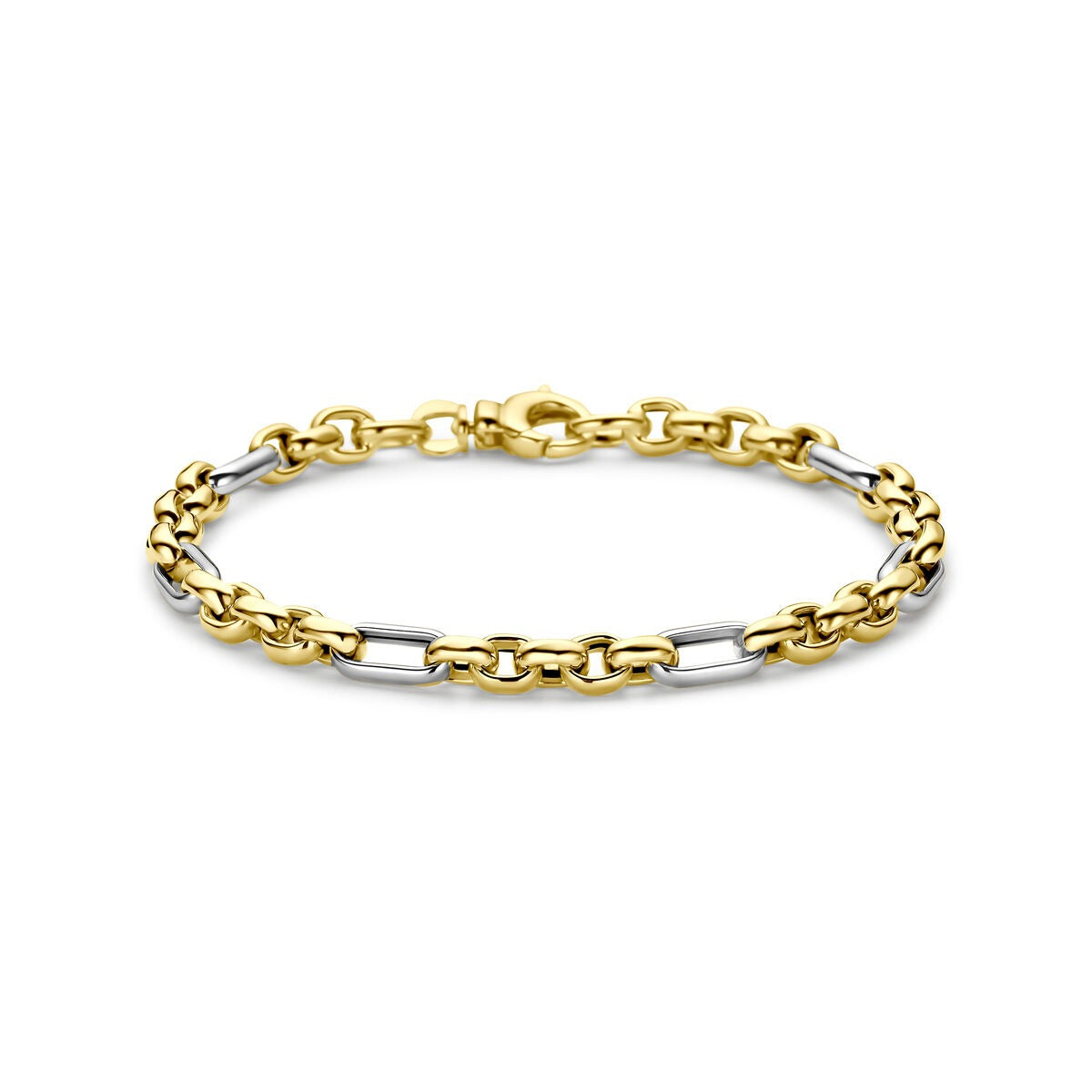 Bicolor gouden anker armband met schakels in geelgoud en witgoud.