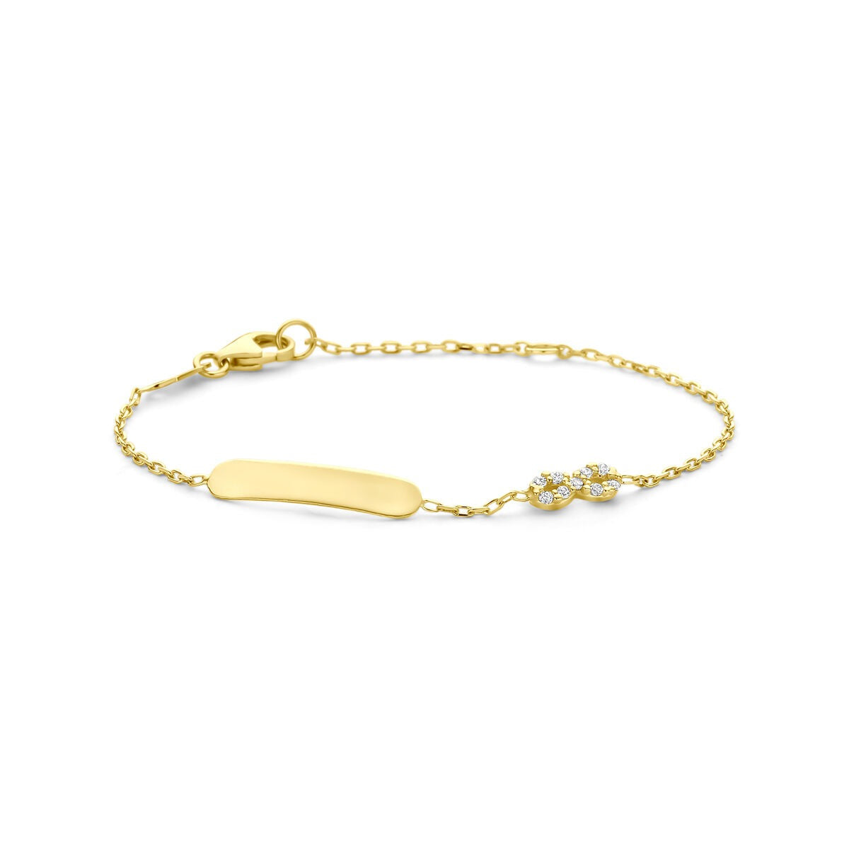 Gouden graveerarmband van 14k met een infinity-symbool en zirkonia, geschikt voor kinderen.