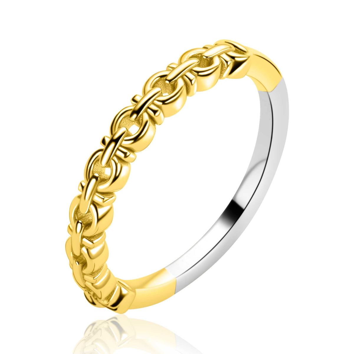 Gouden ring met een schakelpatroon en een glanzende zilveren afwerking aan de binnenkant.