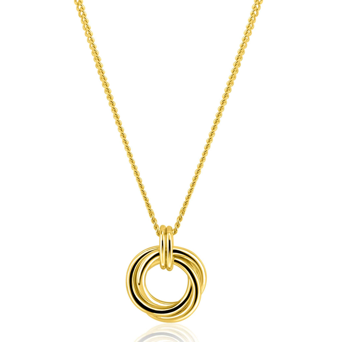 Gouden ketting met drie ringen in verschillende groottes, verguld, op een fijne schakelketting.