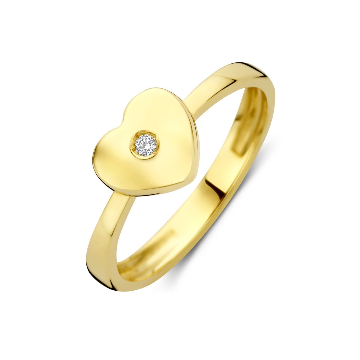 Geelgouden kinder ring met hartvormige bovenkant en lab grown diamant in het midden.