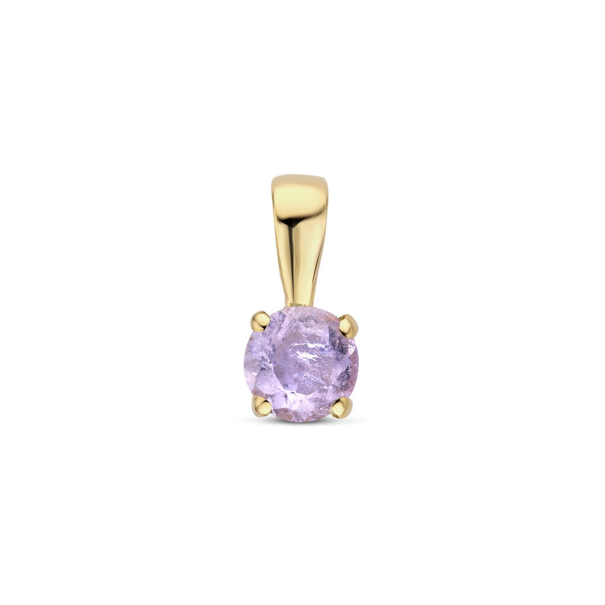 Geelgouden hanger met een ronde, lila amethist in een vier-punts zetting.