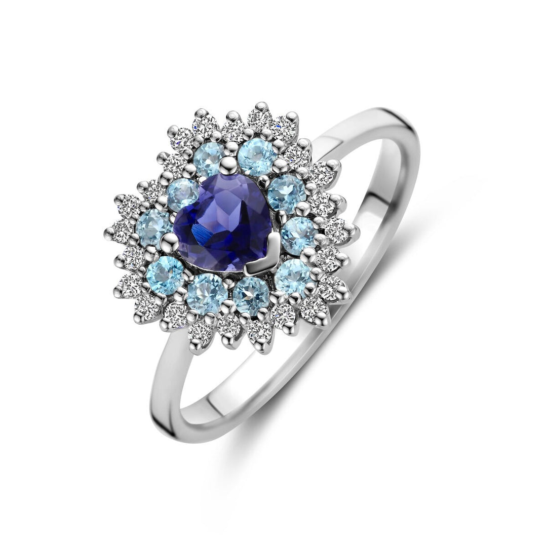 Witgouden ring met hartvorm – London blue topaas, ioliet en diamant