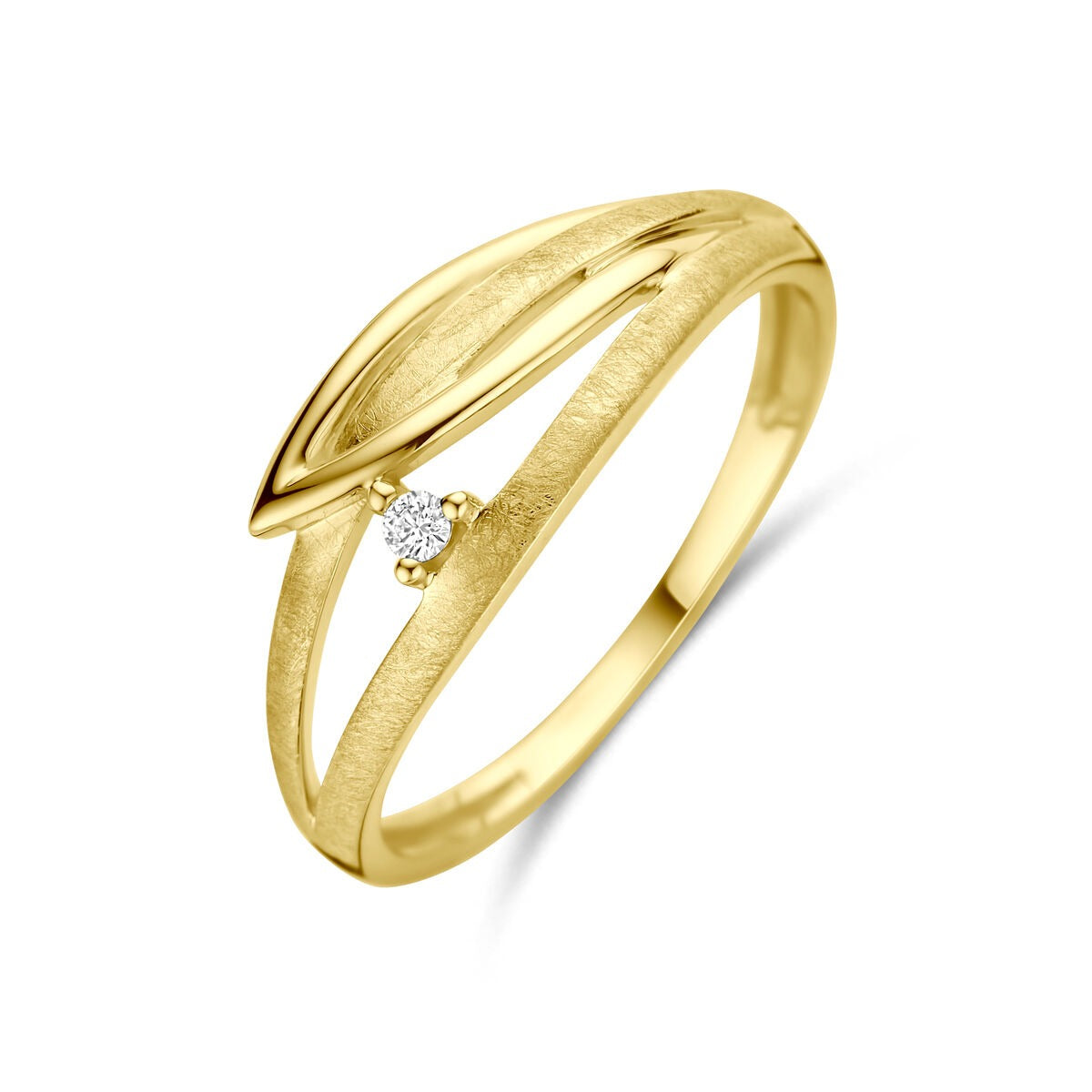 Geelgouden damesring van 14k met een glanzende afwerking en een kleine diamant, 7 mm breed.
