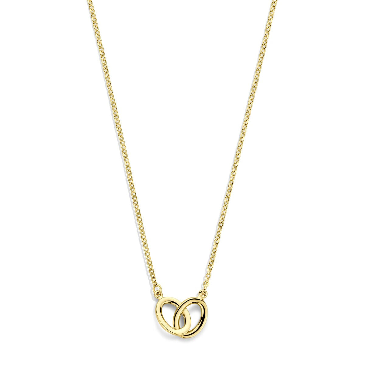 14k geelgouden damescollier met ovale schakels en een dubbele hartvormige hanger.