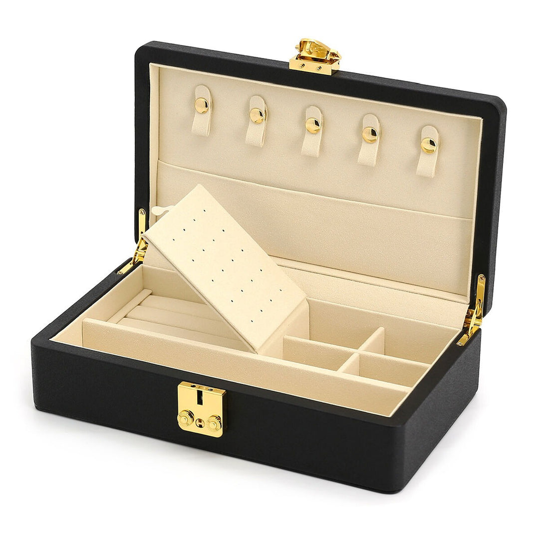 Luxe zwarte sieraden doos met goudkleurige details – compact & stijlvol