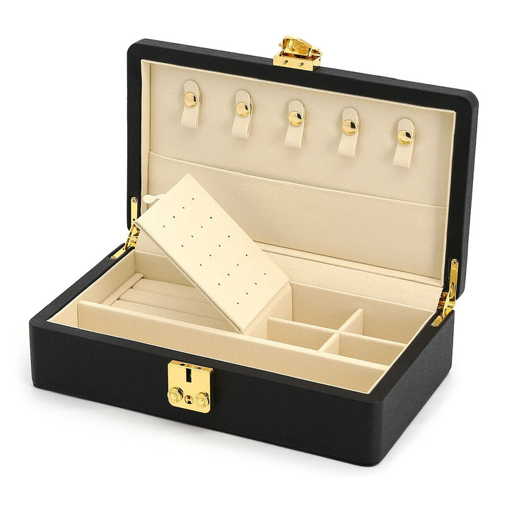 Luxe zwarte sieraden doos met goudkleurige details – compact & stijlvol