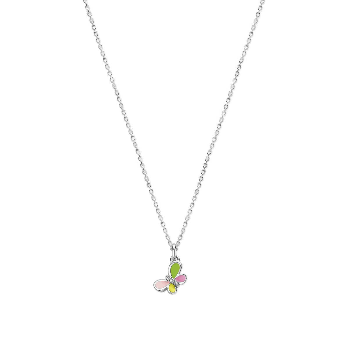 Zilveren ketting met gerhodineerde vlinderhanger en kleurrijke steentjes.