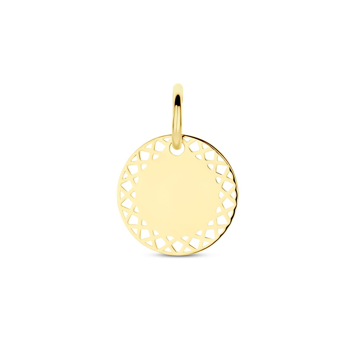 Ronde 14k geelgouden graveerhanger met een opengewerkt patroon aan de rand.