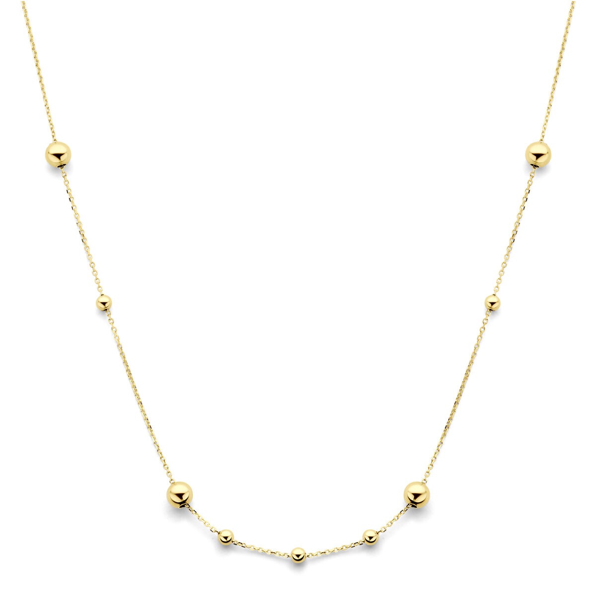 14k geelgouden collier met bolletjes in verschillende groottes, afgewerkt met een fijne schakelketting.