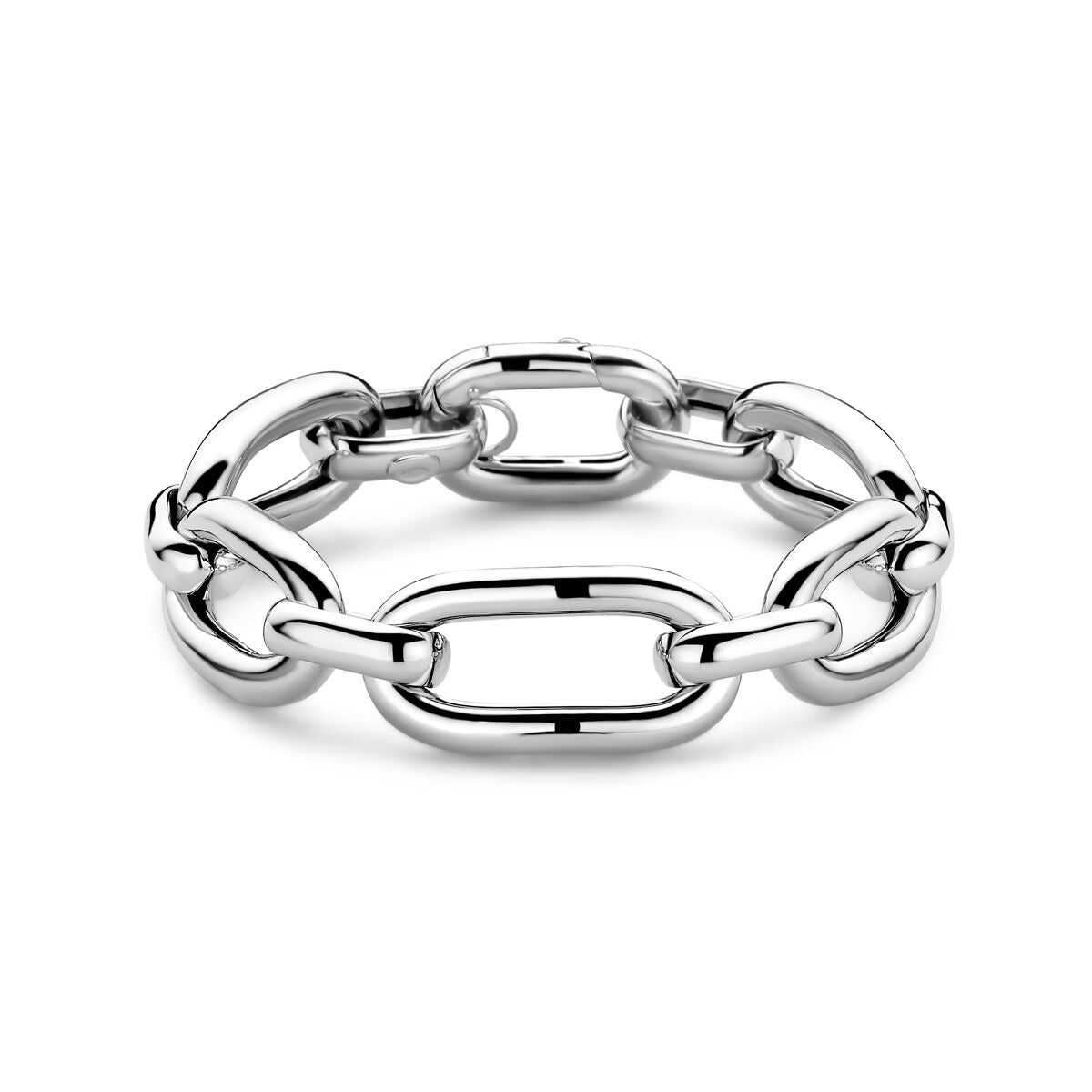 Gerhodineerde zilveren armband met grote anker schakels en een glanzende afwerking.