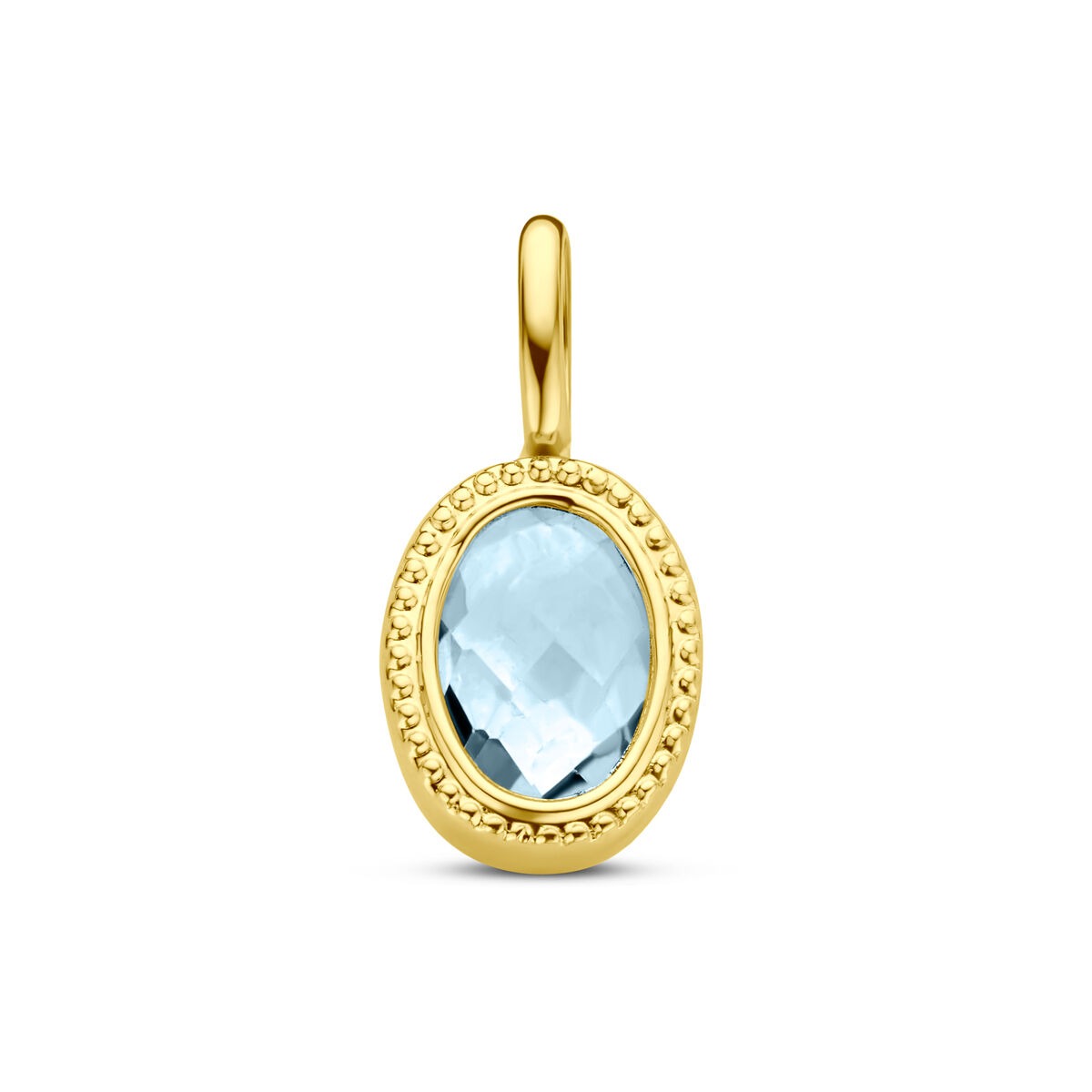 Geelgouden hanger met een ovale blauwe topaas in solitaire zetting en een decoratieve rand.