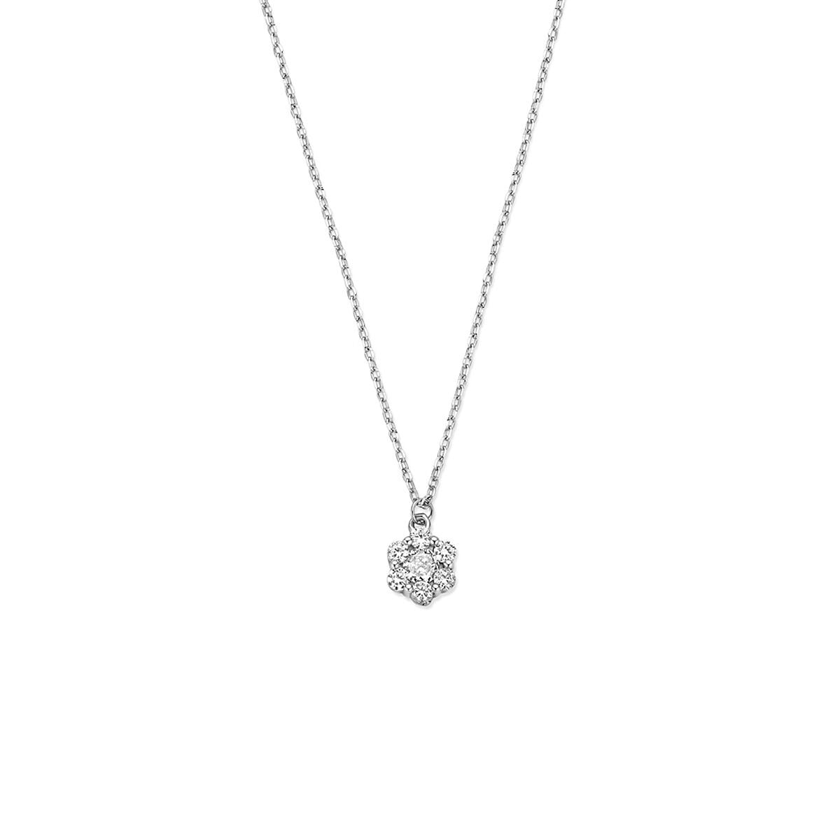 Zilveren collier met een bloemenhanger versierd met zirkonia-steentjes.