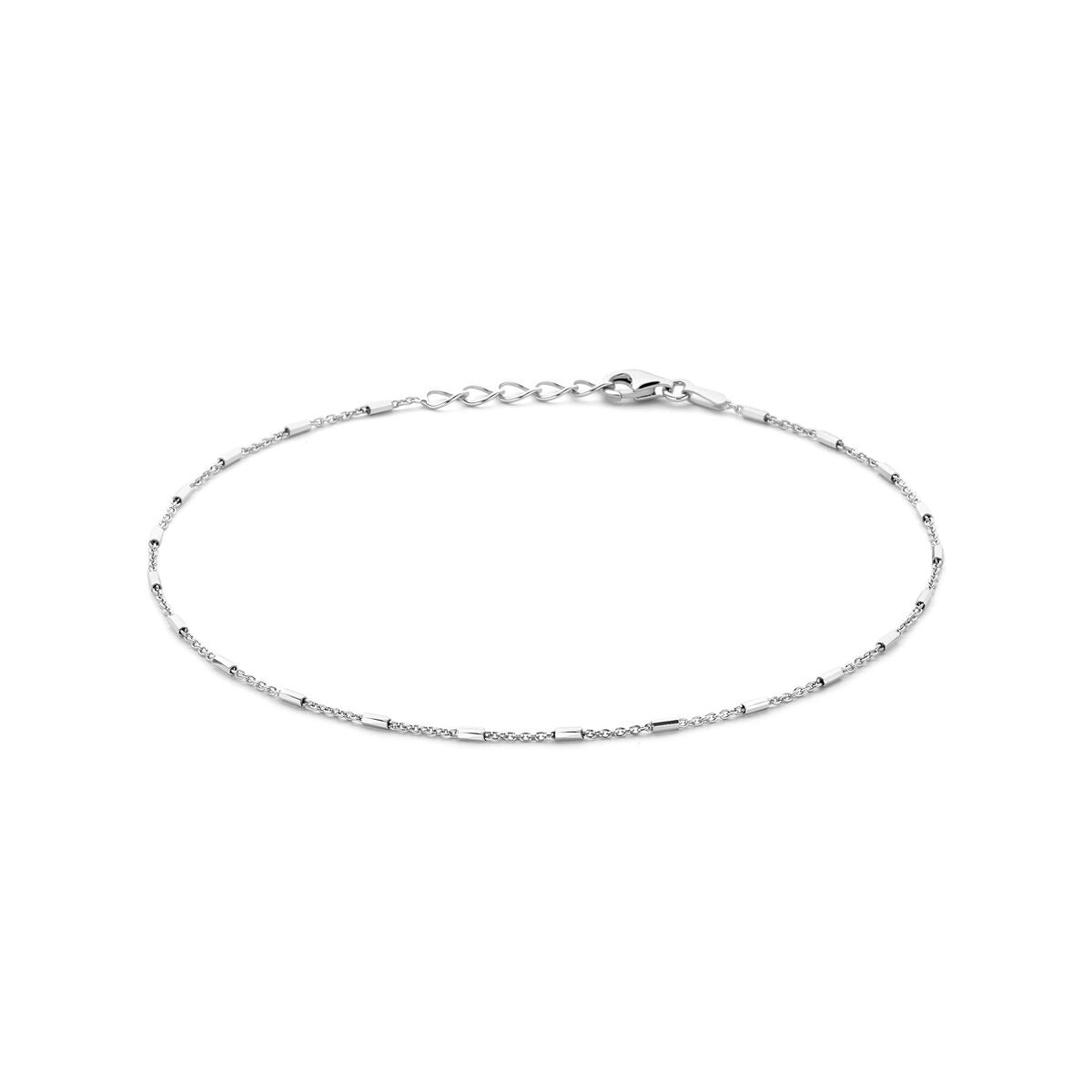 Zilveren enkelbandje van gerhodineerd 925 zilver met fijne buisjes, verstelbaar van 24 tot 26 cm.