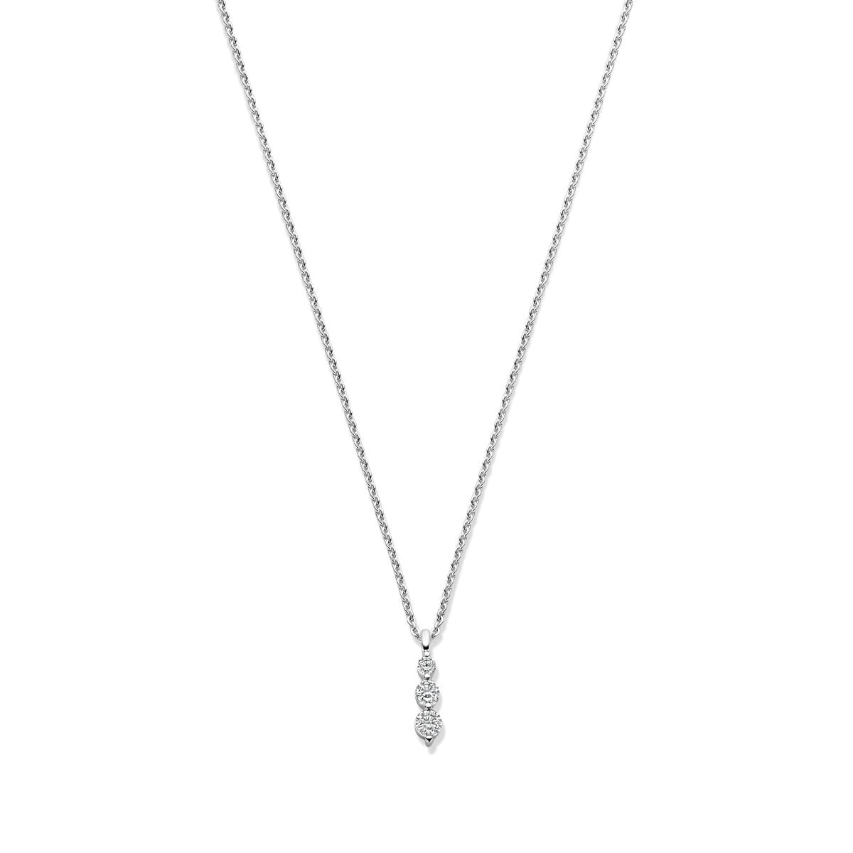 Zilveren collier van gerhodineerd 925 zilver met drie zirkonia's, verstelbare lengte van 42-45 cm.