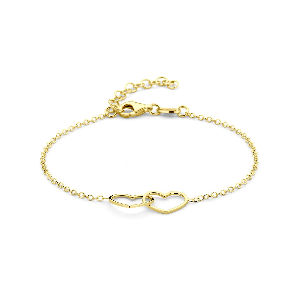 Geelgouden vergulde 925 zilveren armband met twee hartjes en een verstelbare sluiting.