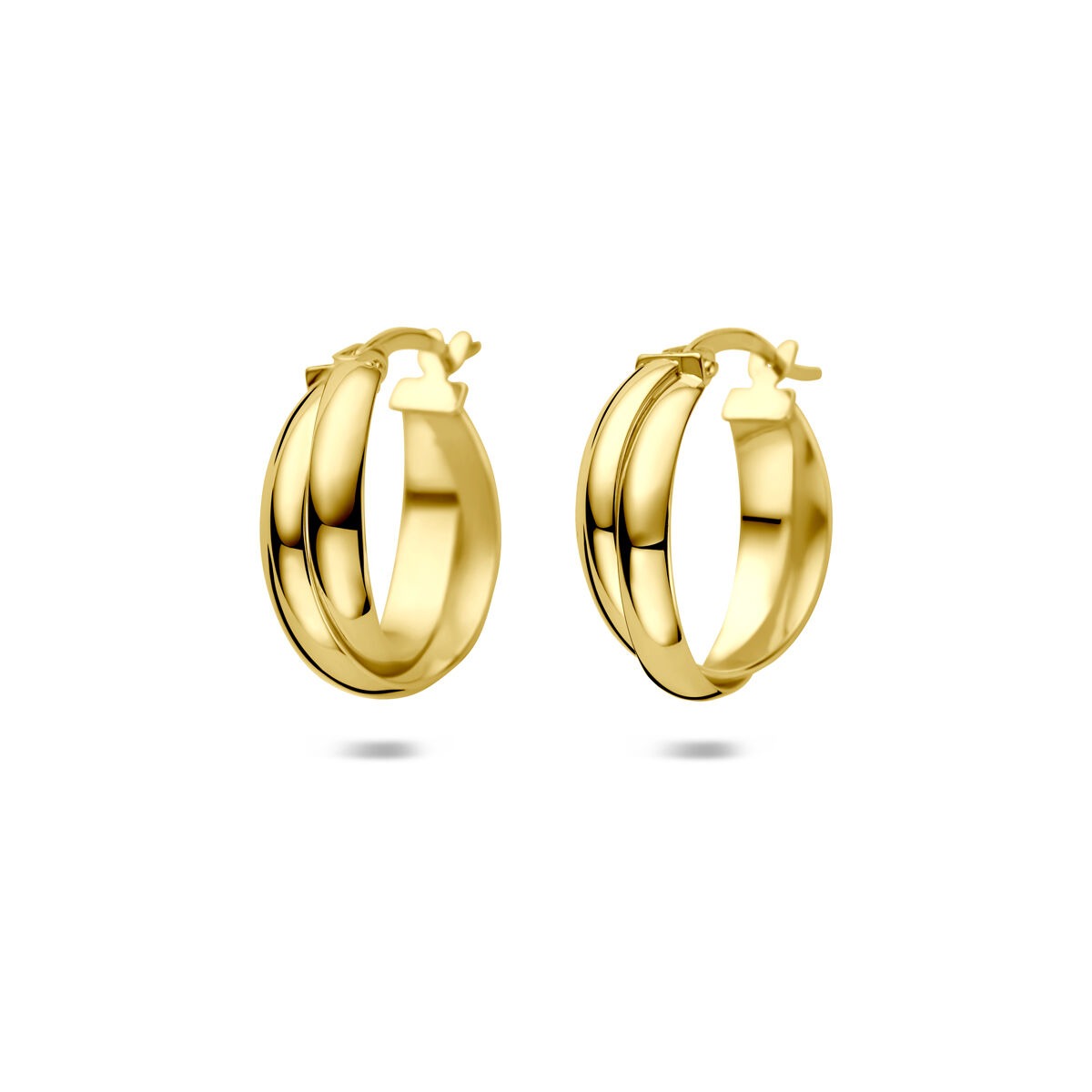 Geelgouden oorringen met scharniersluiting, 16,5 mm, met een glanzende, ronde afwerking.