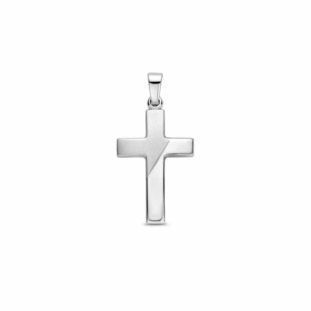 Zilveren kruis hanger – gerhodineerd 925 zilver met gematteerde, gepolijste en gediamanteerde details