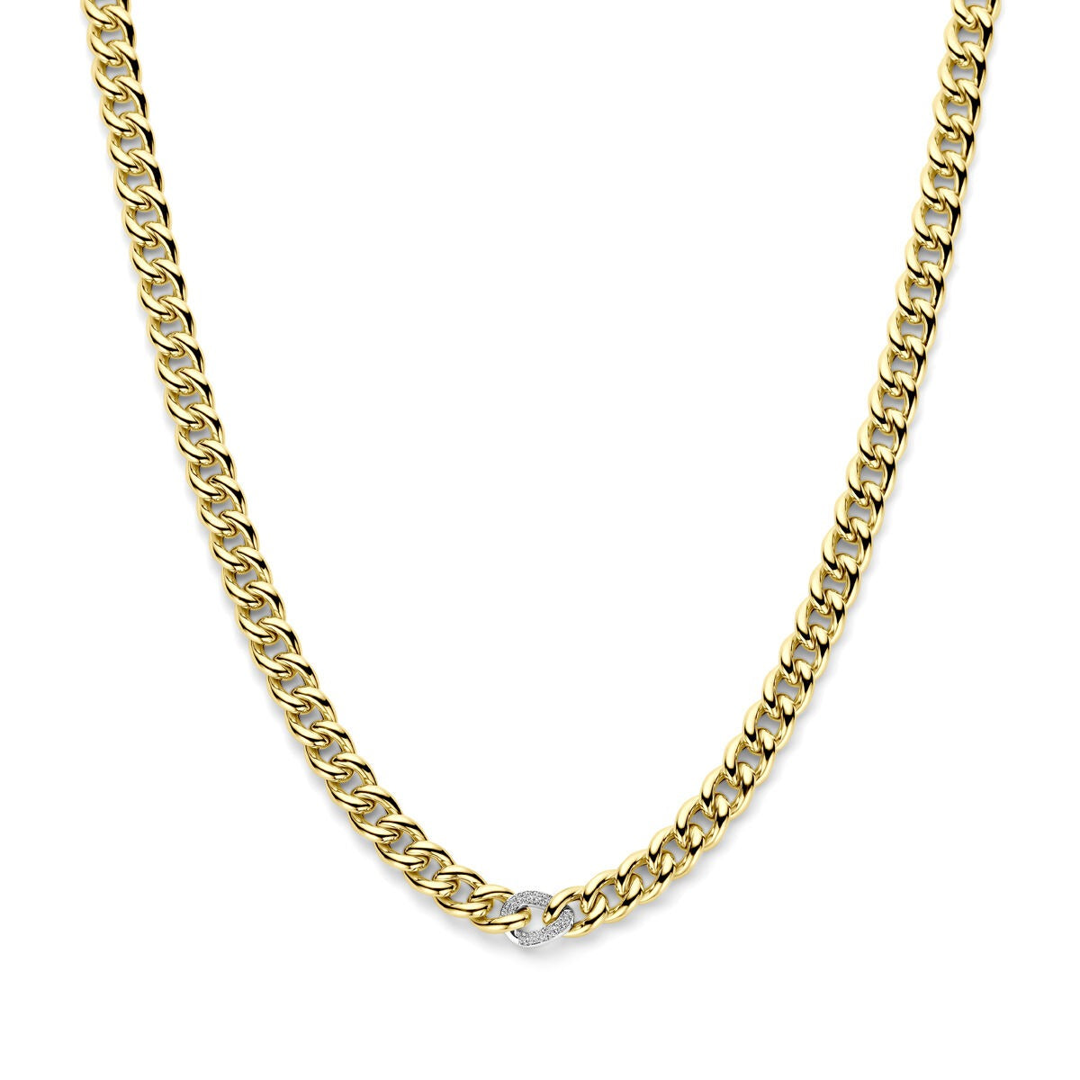 Bicolor collier van 14k geel- en witgoud met een glanzende afwerking en een diamantdetail.