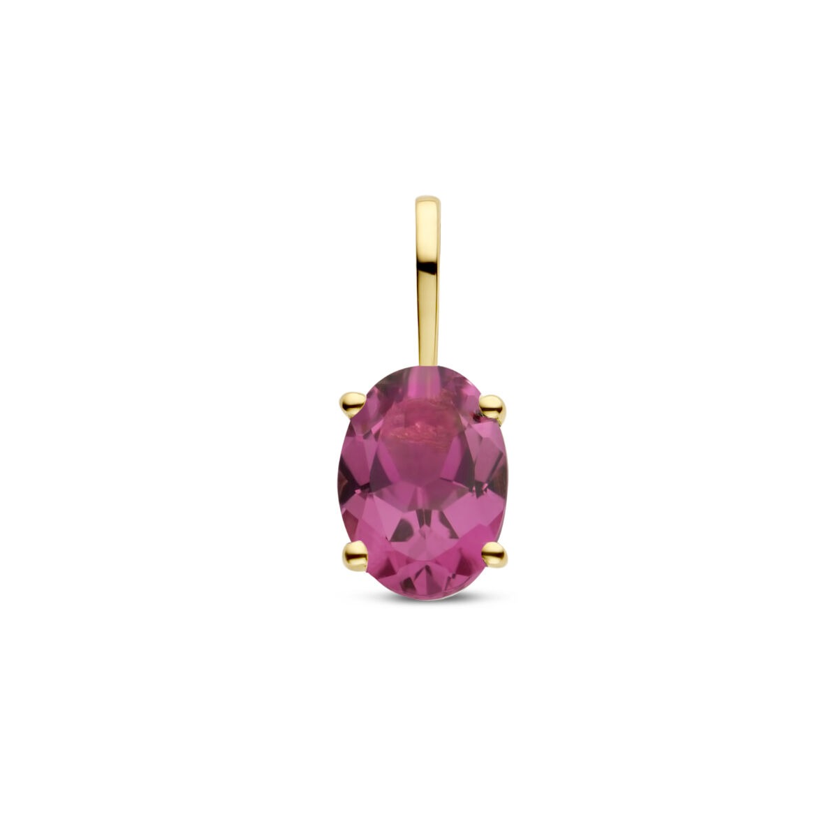 Geelgouden hanger met een ovale, roze toermalijn in een vier-poots zetting.