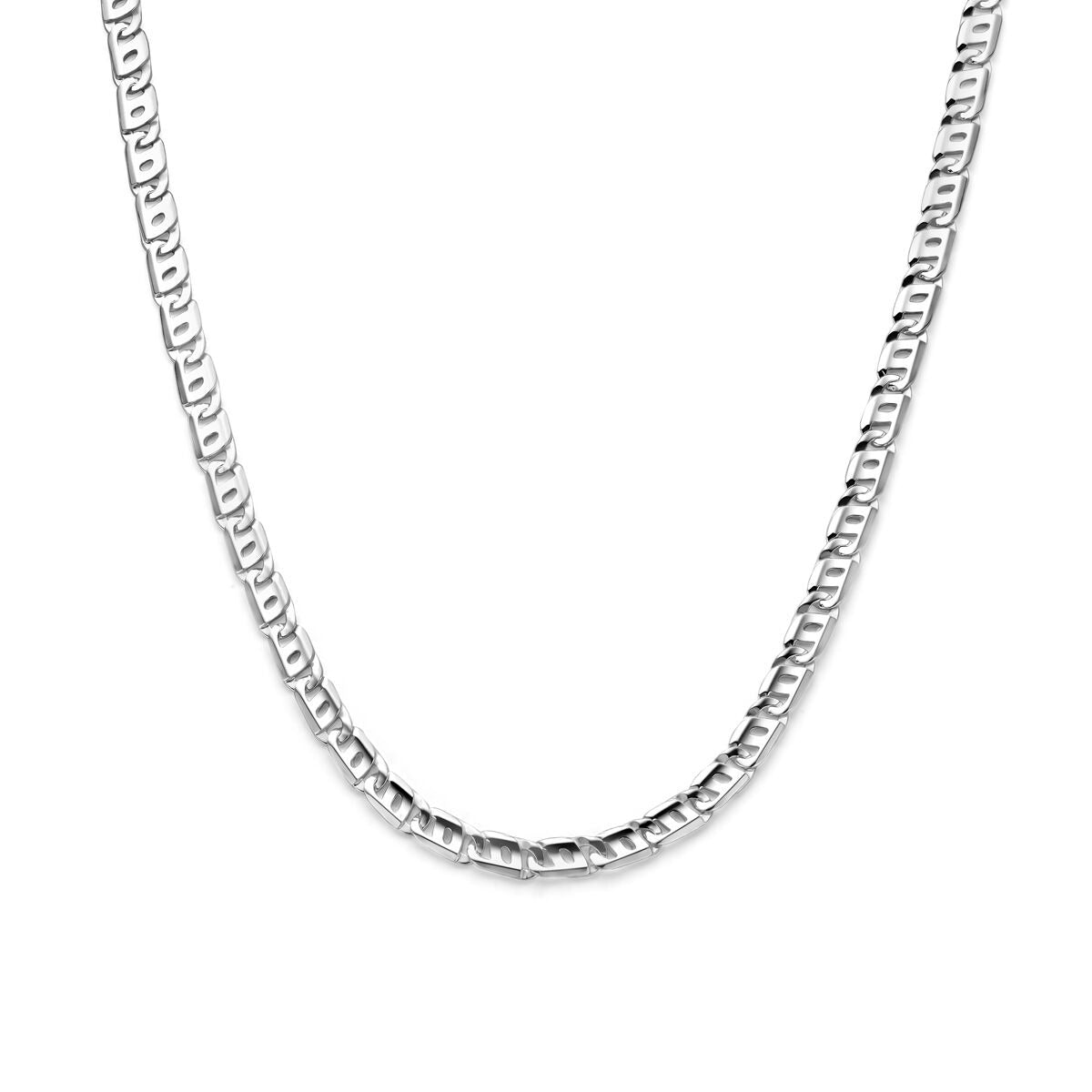 Zilveren heren ketting met brede anker schakel en karabijnsluiting, met een glanzende afwerking.