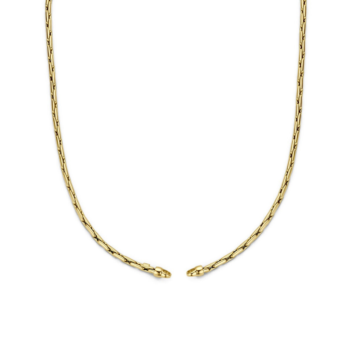 14k geelgouden collier zonder slot met een fijne, gedraaide schakelstructuur.