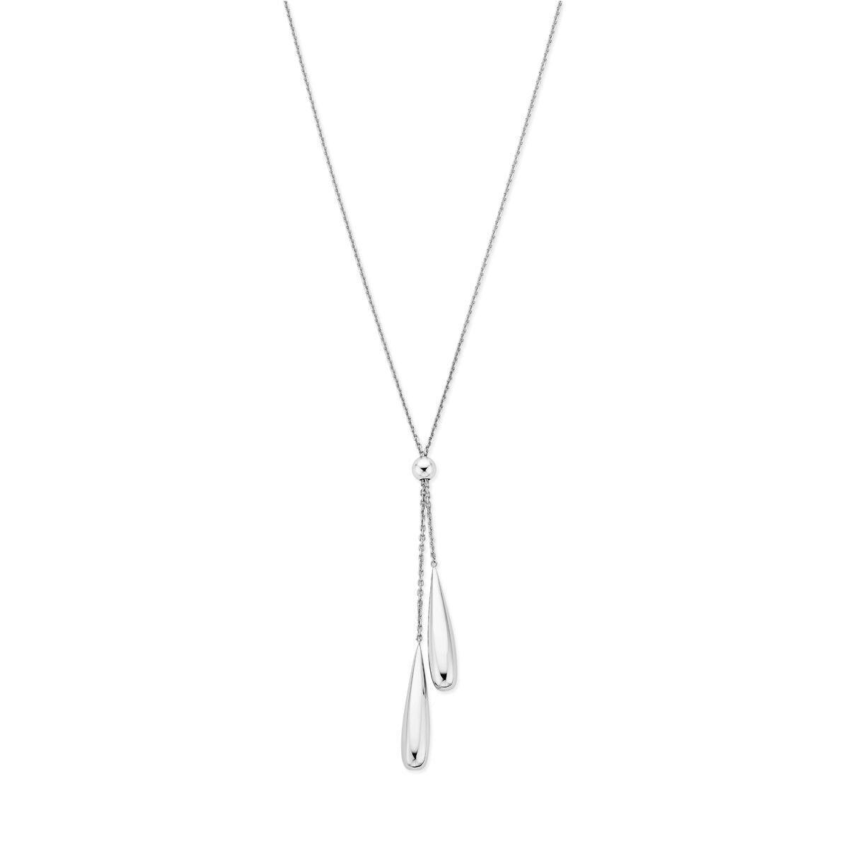 Zilveren y-ketting met twee druppelvormige hangers en een glanzende afwerking.