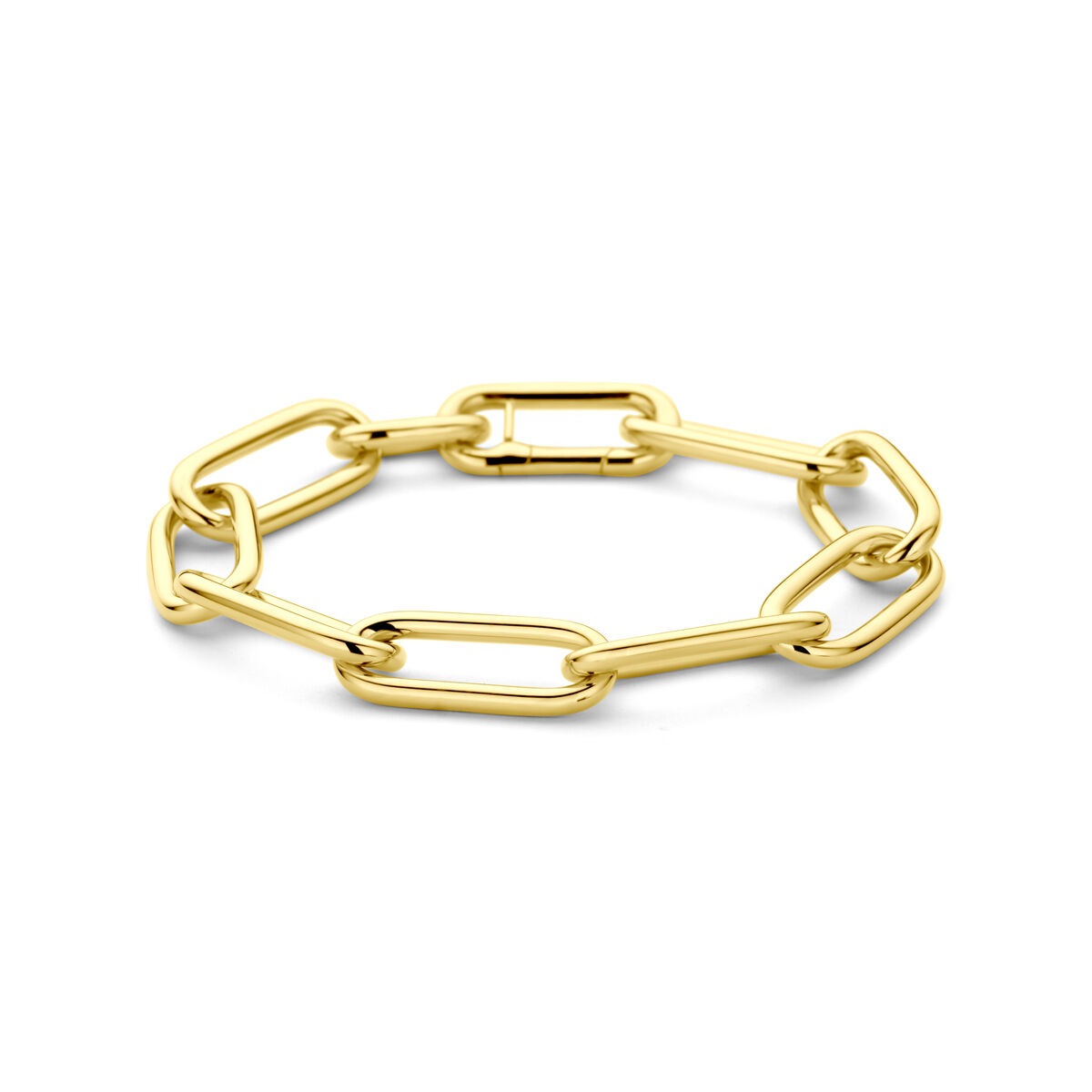 Geelgouden anker schakel armband met een schakeldesign en een glanzende afwerking.