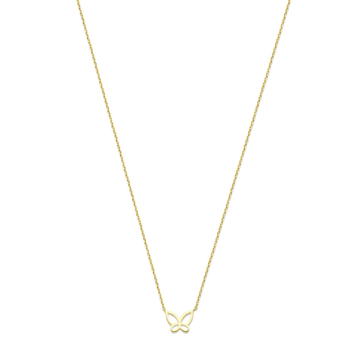 Geelgouden collier met een speelse vlinderhanger, fijne ketting en minimalistisch ontwerp.