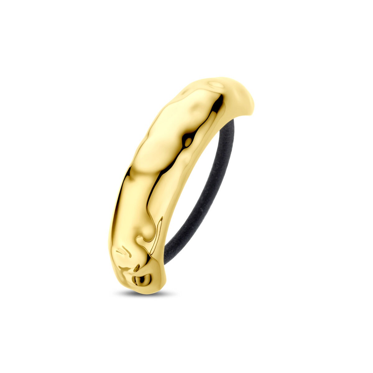 Goudkleurige stalen hair cuff met een glanzende afwerking en een zwart elastiek.