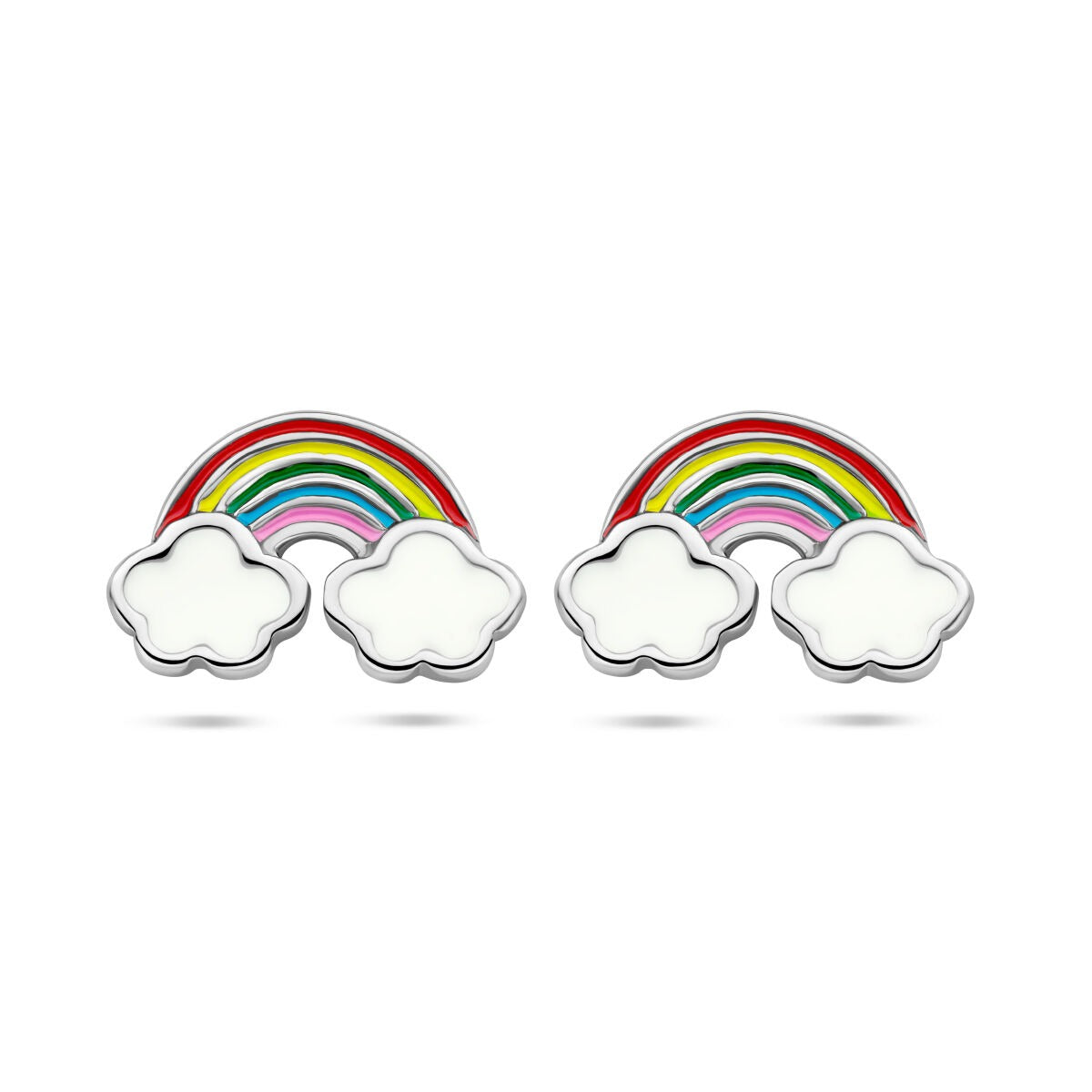 Zilveren oorknoppen met een kleurrijke regenboog en witte wolken.