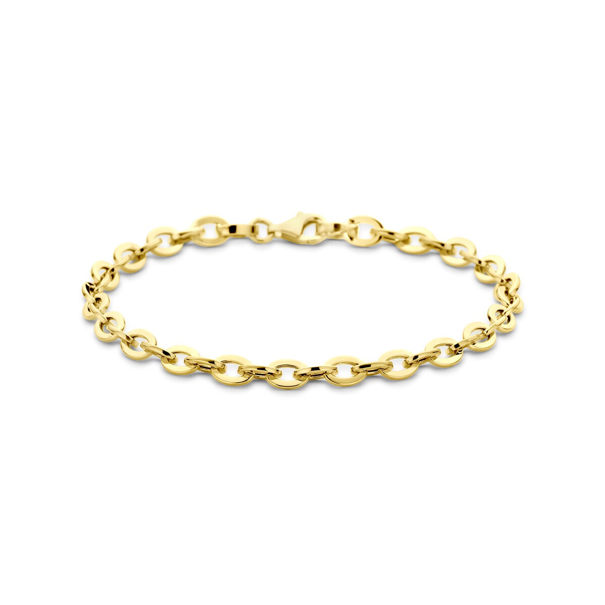Geelgouden anker schakelarmband voor dames, 4,7 mm breed en 19 cm lang.