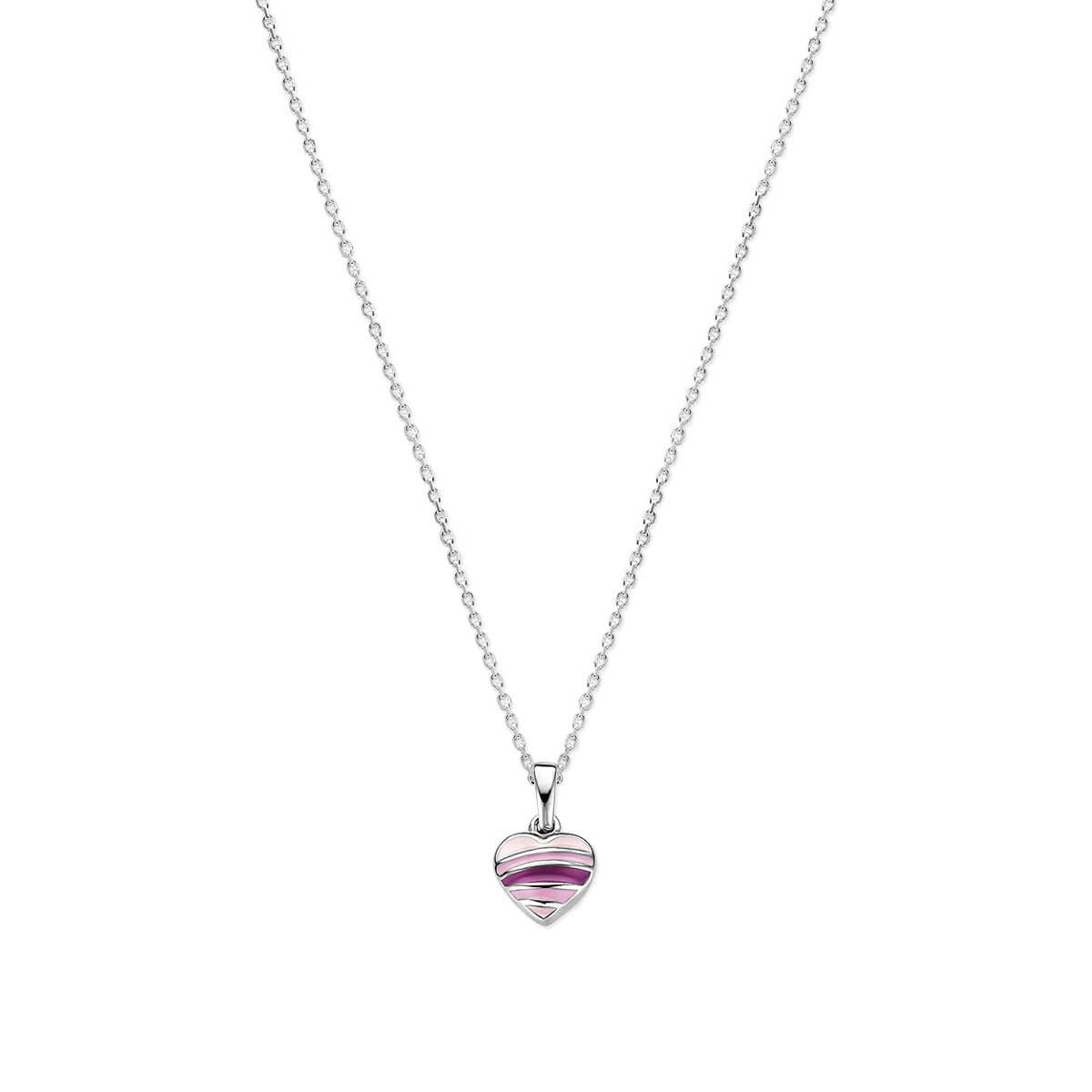 Zilveren ketting met gerhodineerde afwerking en hartvormige hanger met roze en paarse strepen.