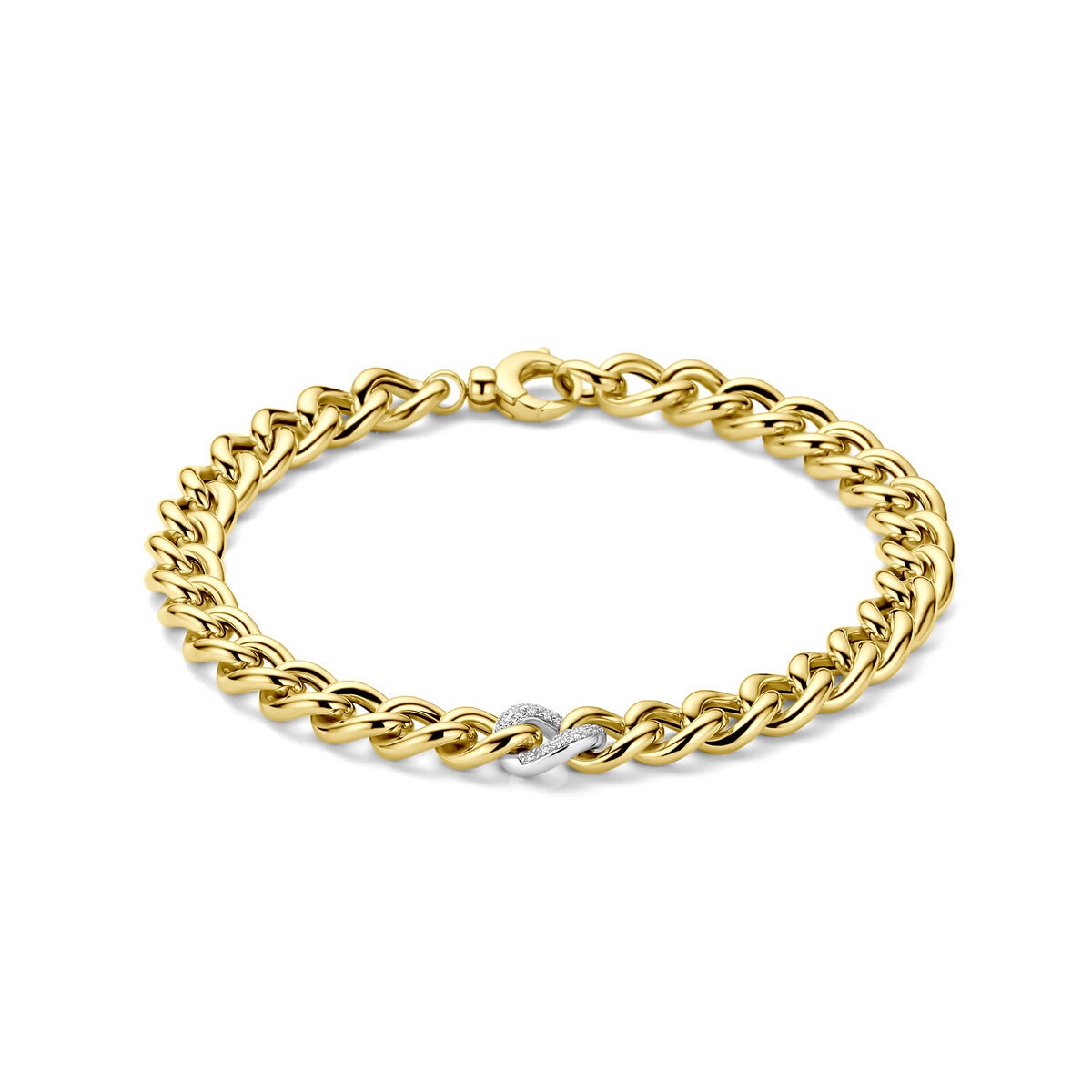 Bicolor armband van 14k geel- en witgoud met een diamant, in een schakeldesign.