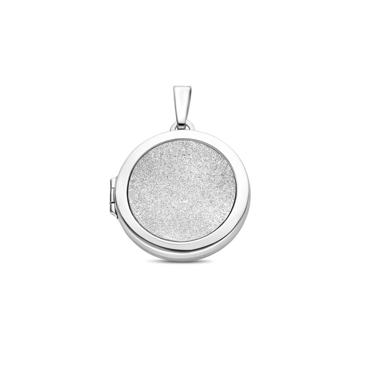 Zilveren medaillon van gerhodineerd 925 zilver met een poli/glitter gediamanteerde afwerking.