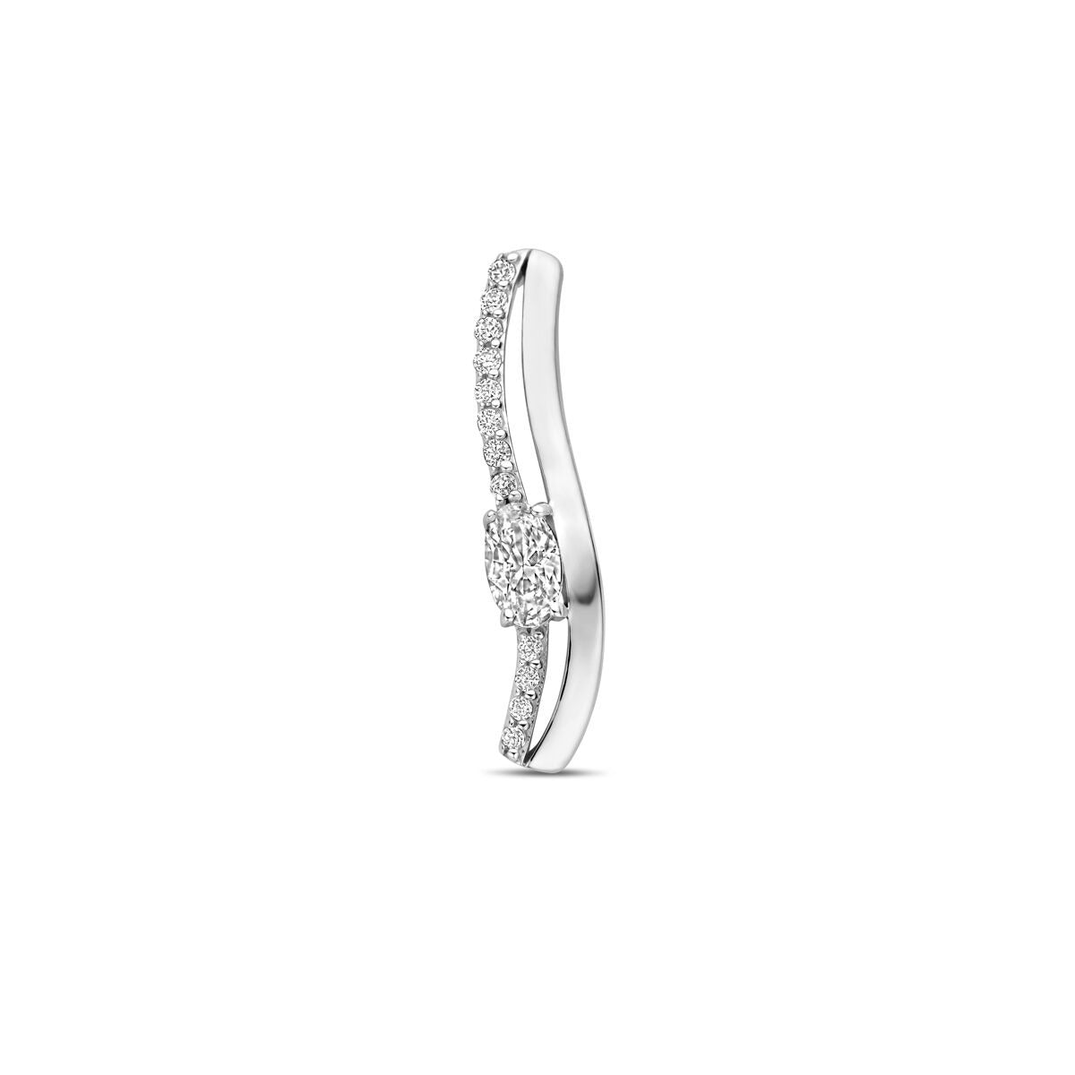 Zilveren staafvormige hanger van gerhodineerd 925 zilver met zirkonia, 21 mm hoog.