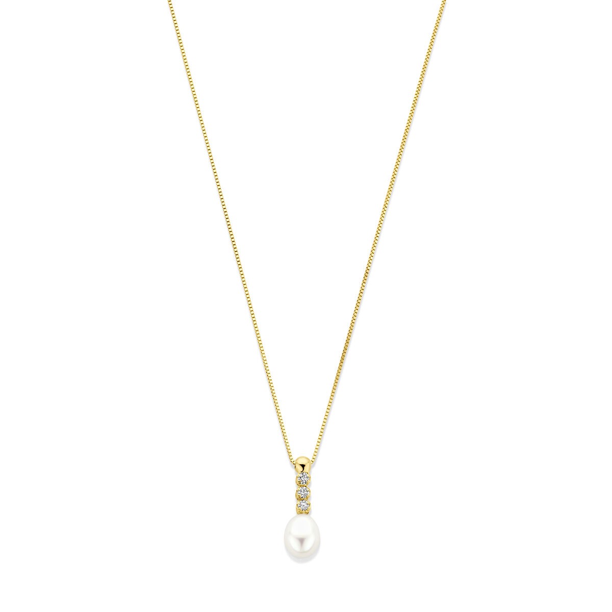 14k geelgouden collier met een druppelvormige zoetwaterparel en drie zirkonia's als accent.