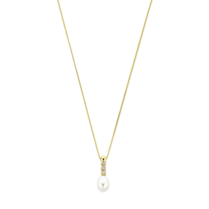 14k geelgouden collier met zirkonia en zoetwaterparel